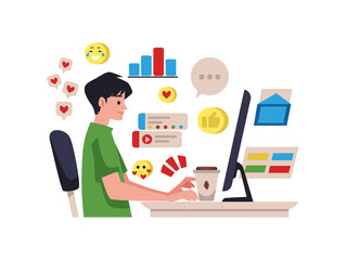 Man working as social media manager, developing strategies and content, flat vector illustration on white.