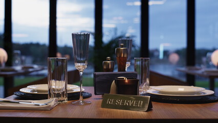 Reserved restaurant table empty in luxury design bar cafeteria. Dinner concept.