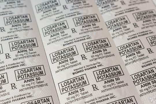 Philippines - May 2022: Closeup of Losartan Potassium tablets for sale at a drugstore or pharmacy. Anin 50 brand.