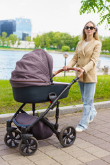 Motherhood, walking in the park, baby stroller