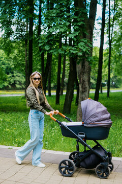 A young mother with a stroller walks with her child in the park in the summer
