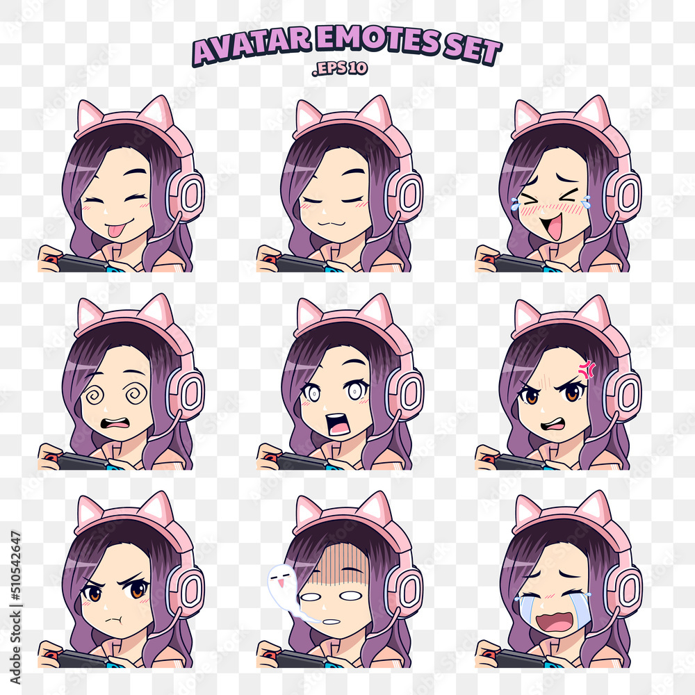 Poster Avatar face emotion set of cute gamer girl with headphone smiling, happy, sad, shocked, angry, and crying for streaming or gaming