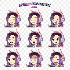 Avatar face emotion set of cute gamer girl with headphone smiling, happy, sad, shocked, angry, and crying for streaming or gaming © tkzgraphic