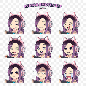 Avatar face emotion set of cute gamer girl with headphone smiling, happy, sad, shocked, angry, and crying for streaming or gaming