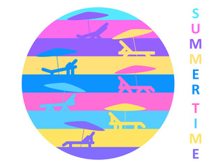Sun loungers with umbrellas pop art style. Summer time, sunbathing. Sun lounger on the beach. Design for banners, posters and beach advertising. Vector illustration