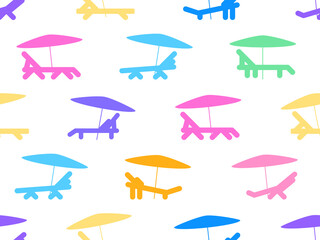 Chaise lounges with umbrellas seamless pattern. Summer vacation, sunbathing. Sun lounger on the beach. Design for banners, posters and beach advertising. Vector illustration