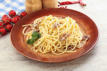 Spaghetti carbonara pasta with bacon