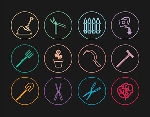 Set line Tree, Garden rake, fence, Flower in pot, pitchfork, Shovel the ground, Sickle and Gardening handmade scissor icon. Vector