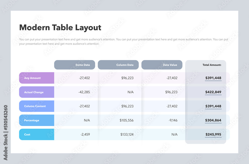 Poster Modern table layout template with a total amount row. Flat design, easy to use for your website or presentation.