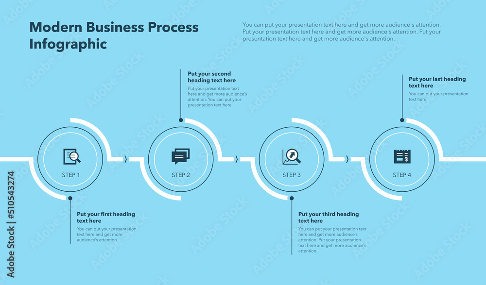 Poster Modern business process template with four stages - blue version. Easy to use for your website or presentation.