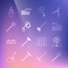 Set line Garden shovel, Planting tree in the ground, hose or fire hose, Watering can, pitchfork, Flowers pot and rake leaves icon. Vector