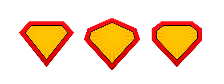 Set superhero shield in retro comic style. Superhero logo isolated on white backdrop. Vector illustration
