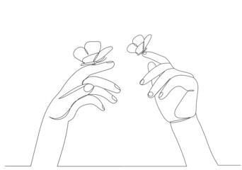 hand with butterflies drawing by one continuous line, sketch vector