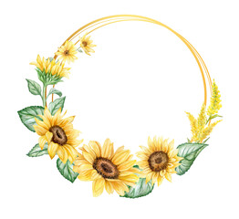 Sunflowers with wildflowers, flower wreath, ring, frame. Flowers  elements. Bouquet. Watercolor Illustration