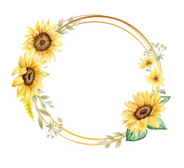 Sunflowers with wildflowers, flower wreath, ring, frame. Flowers  elements. Bouquet. Watercolor Illustration