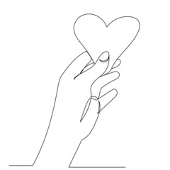 hand with heart drawing by one continuous line, sketch vector