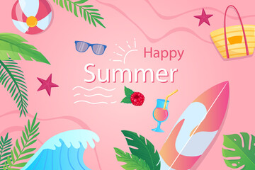 Obraz premium Happy summer background in flat cartoon design. Wallpaper with summertime composition, sea wave, palm leaves, sunglasses, ball, cocktail, surfboard. Vector illustration for poster or banner template