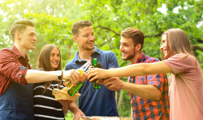 Friends toasting beer at barbecue in nature