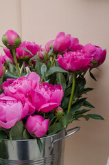 Pink peony flowers and a metal bucket on a beige background.