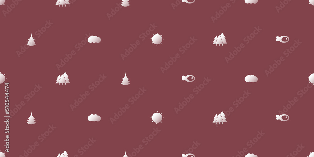 Poster rows of white pine trees, fishes, suns and clouds on brown background, seamless texture for web, bus