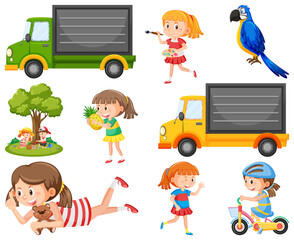 Set of different cute kids and objects