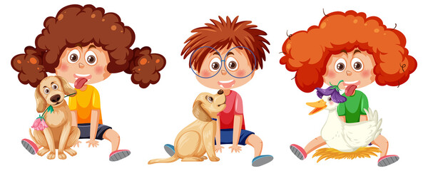 Children with their pet cartoon character