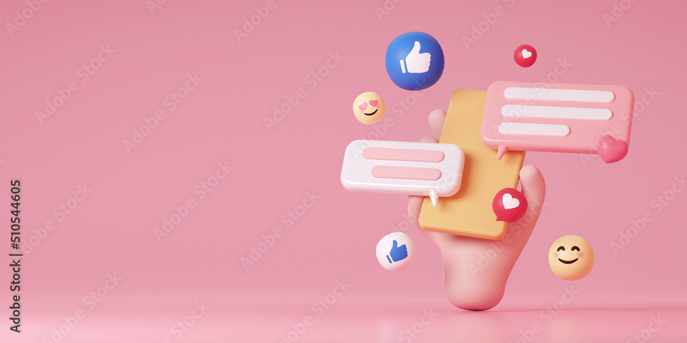 Poster 3d online chat concept. speech bubble chat with emoji. 3d rendering