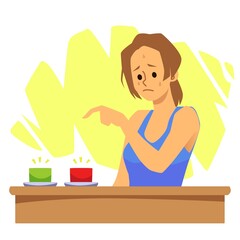 Woman choosing the right button, flat cartoon vector illustration isolated.