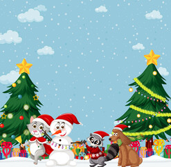 Christmas theme with snowman and animals