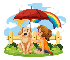 Obraz na płótnie Canvas Cartoon girl and a dog with rainbow in the sky