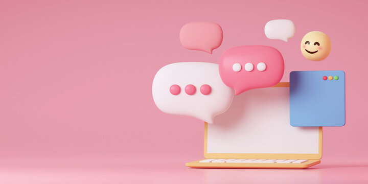 3D chat balloon concept. Speech bubble with cute emoji. 3d rendering