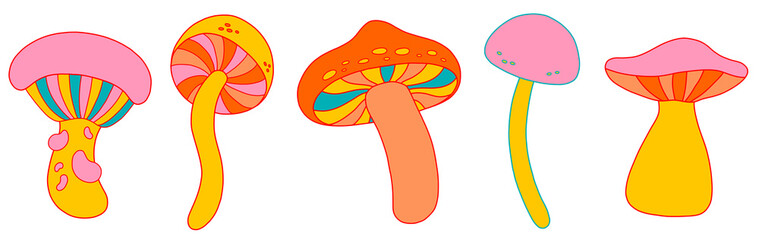 Hippie magic mushrooms set, retro 1970 vibe. Vector illustration