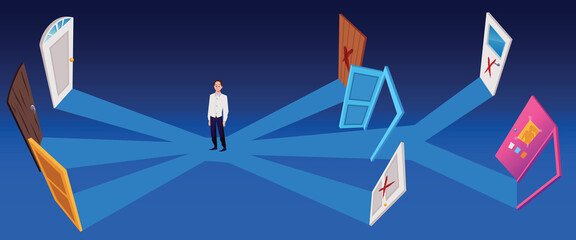 Businessman choosing the right direction or way, flat vector illustration.