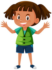 Little girl wearing green life jacket in cartoon style