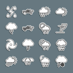 Set line Cloud with snow and lightning, rain, Tornado, Cloudy, Wind, Storm, and snow, sun icon. Vector