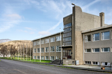 Skogar, Iceland, April 24, 2022: historic building of boarding school, now in use as a hotel