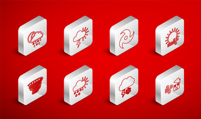Set line Tornado swirl, Storm, Wind and sun, Cloud with snow lightning, snow, rain, moon, Cloudy and icon. Vector