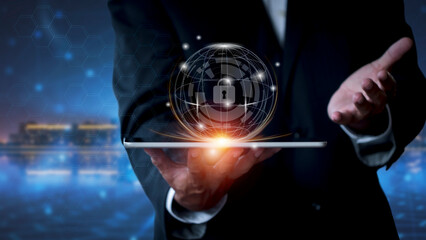Fototapeta na wymiar Cyber security network. Business man protecting data personal information on tablet. Padlock icon and internet technology networking connection on digital network background. Data protection privacy 