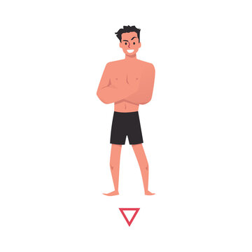 Young man with triangle body type, flat cartoon vector illustration isolated.