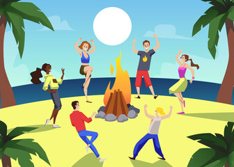 Campfire dance party banner with dancing people, flat vector illustration.