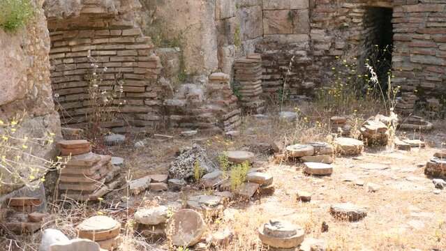 Ruins of Southern Baths of Perge. Stone columns and walls of ancient city.