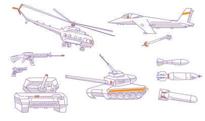 Collection of military objects. Blue outline icons of weapon, graphic of bomb, rocket, warhead, shell, missile. Symbols of plane, helicopter, tank, guns. Antiwar concept on white background, vector