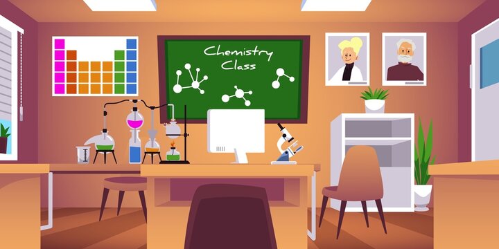 Chemical classroom in school or university background, flat vector illustration.