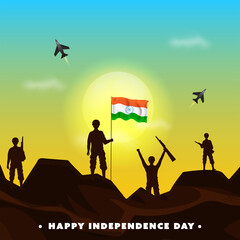 Fototapeta na wymiar Happy Independence Day Concept With Silhouette Soldiers Holding India Flag At Mountain And Fighter Jets On Sunshine Background.