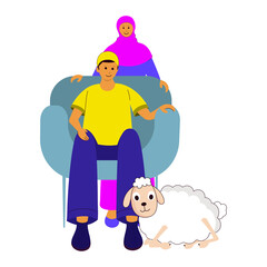 Obraz na płótnie Canvas Islamic Young Woman Standing Behind Man Sitting At Sofa And Cartoon Sheep On White Background.