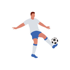 Fototapeta na wymiar Cartoon Soccer Player Kicking Ball On White Background.