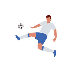 Fototapeta na wymiar Faceless Soccer Player Kicking Ball On White Background.