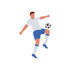 Fototapeta na wymiar Faceless Soccer Player Kicking Ball From Knee On White Background.