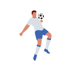 Fototapeta na wymiar Faceless Footballer Player Hitting Ball From Chest On White Background.