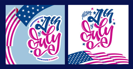 Happy 4th of July USA Independence Day greeting card with waving american national flag and hand lettering text design. Fourth of July typographic design. Usable as greeting card, banner, background.